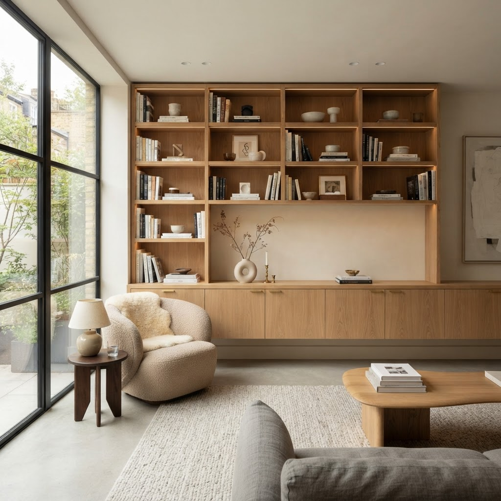 Maßgefertigte, raumhohe Bibliothek und Sideboard